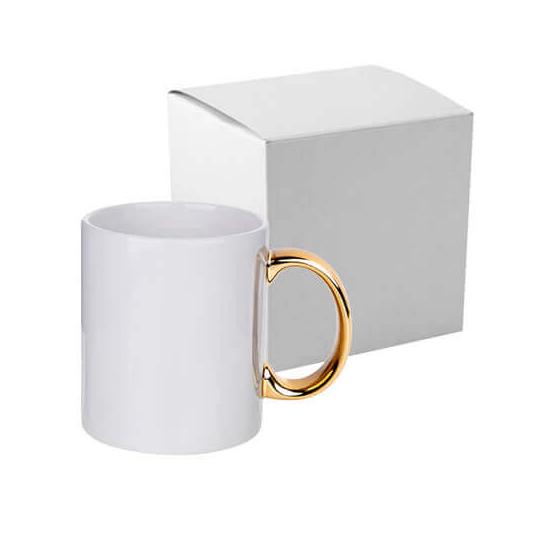 TAZA CER. BLANCA 11 OZ CON ASA DE COLOR DORADA P/SUB. DG.